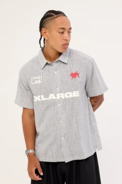 91 Star Short Sleeve Shirt White Blue Stripe