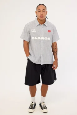 91 Star Short Sleeve Shirt White Blue Stripe