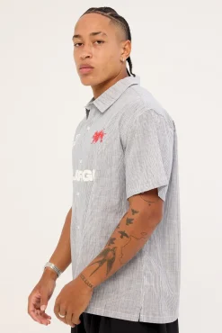 91 Star Short Sleeve Shirt White Blue Stripe