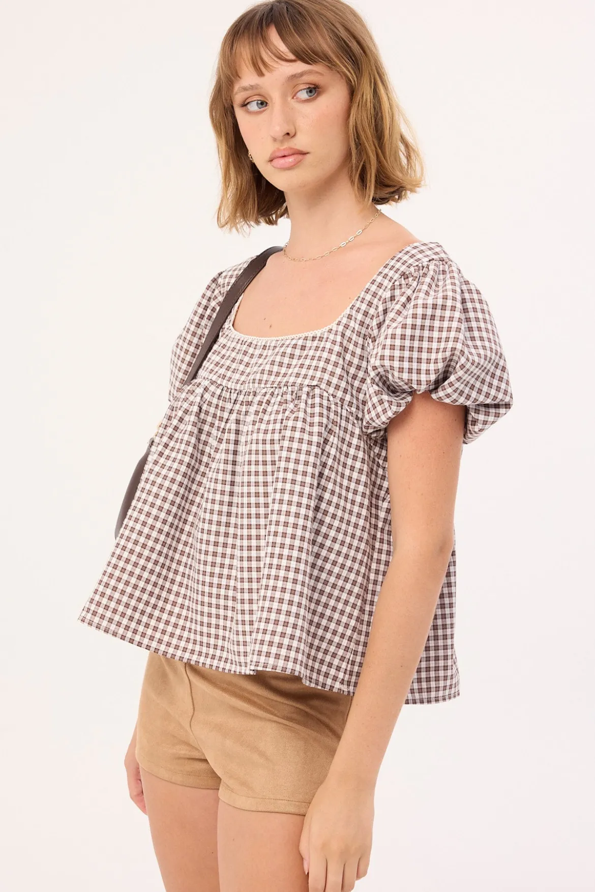 Adele Babydoll Top Brown Check
