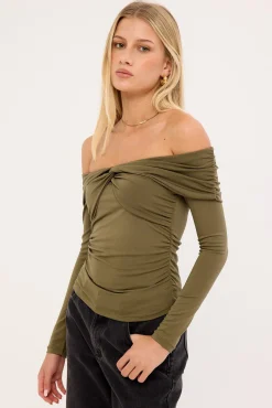 Akira Long Sleeve Twist Top Khaki Green