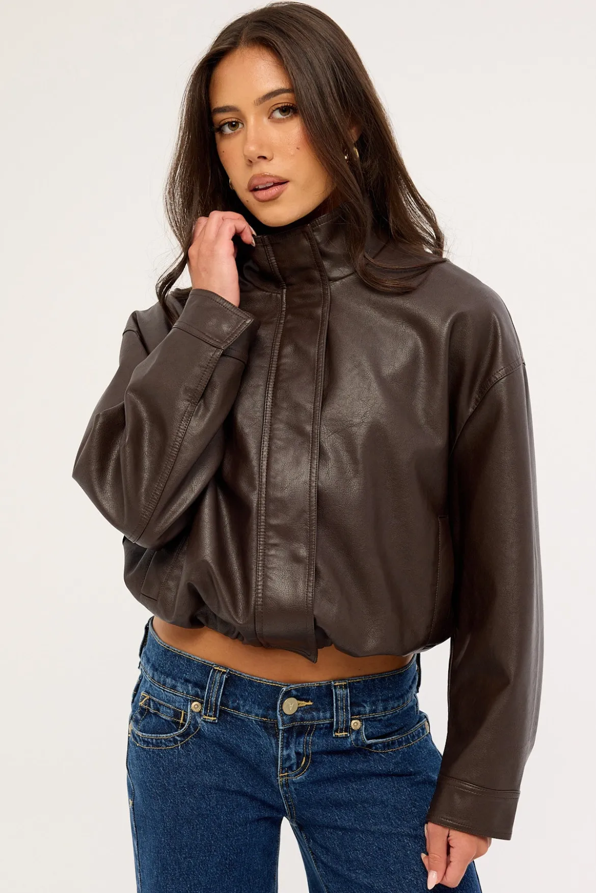 Amerie Funnel Neck Zip Up PU Jacket Brown