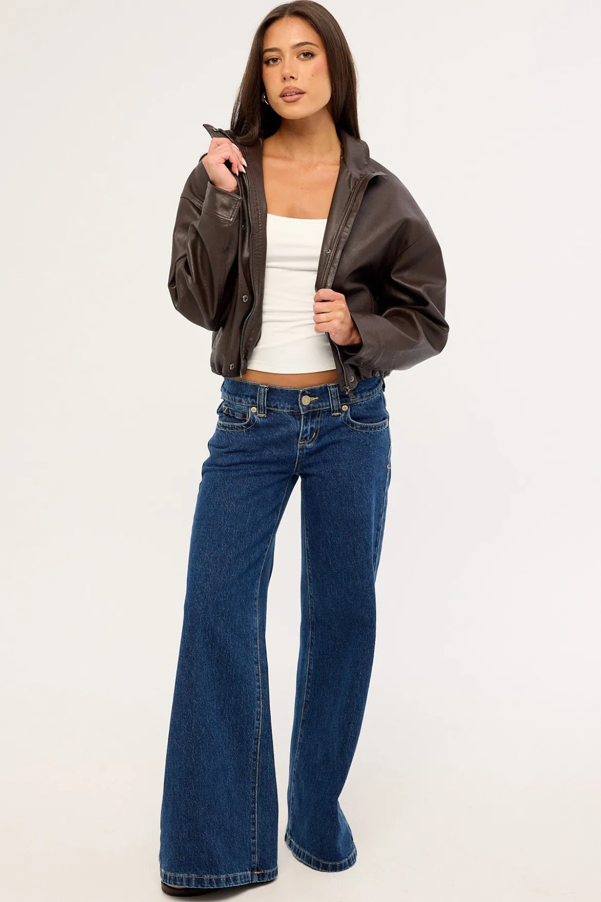 Amerie Funnel Neck Zip Up PU Jacket Brown