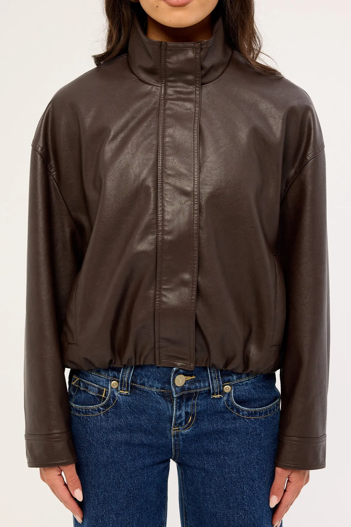 Amerie Funnel Neck Zip Up PU Jacket Brown