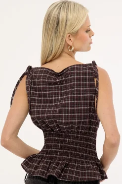 Andie Ruched Tie Top Brown Check