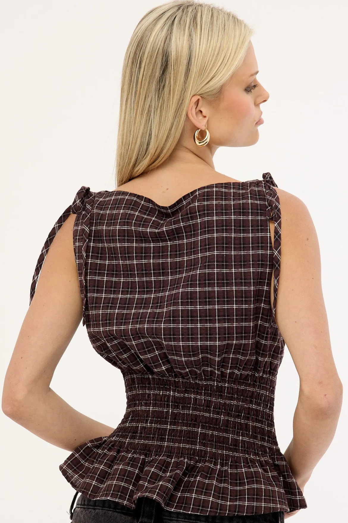 Andie Ruched Tie Top Brown Check