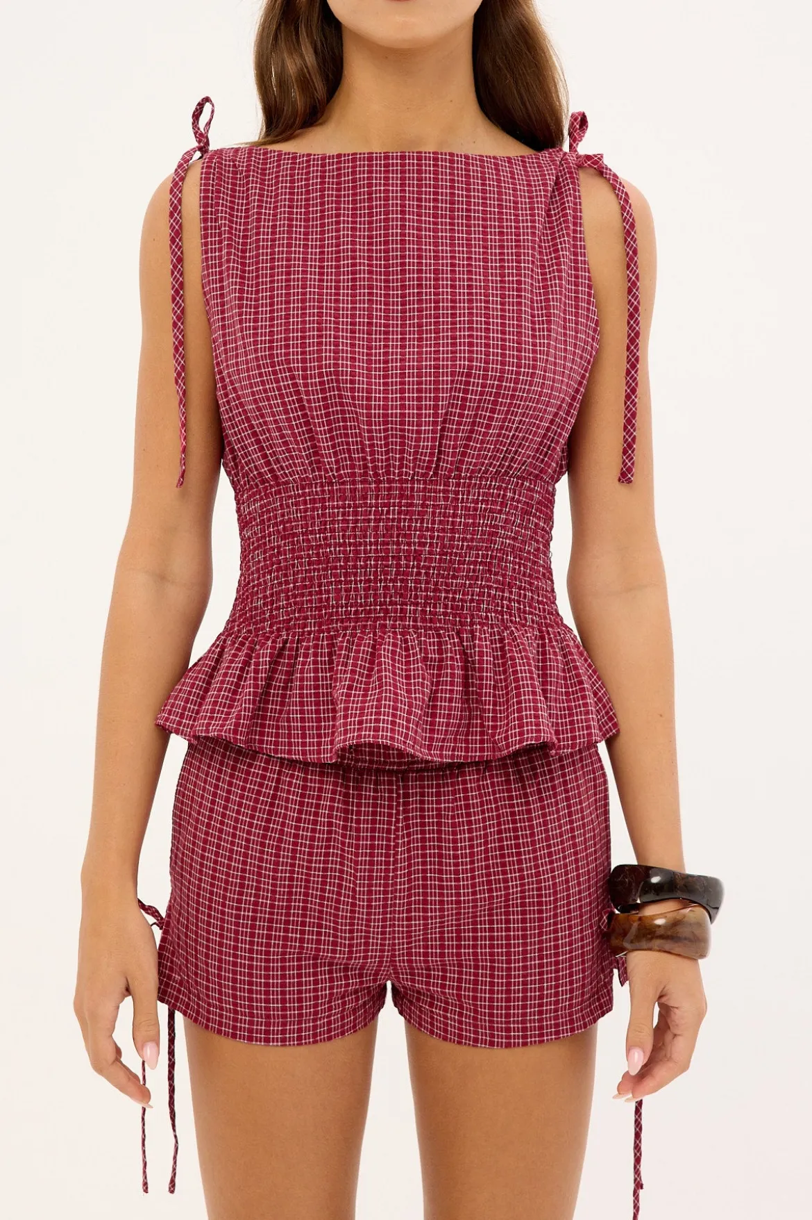Andie Ruched Tie Top Burgundy Check