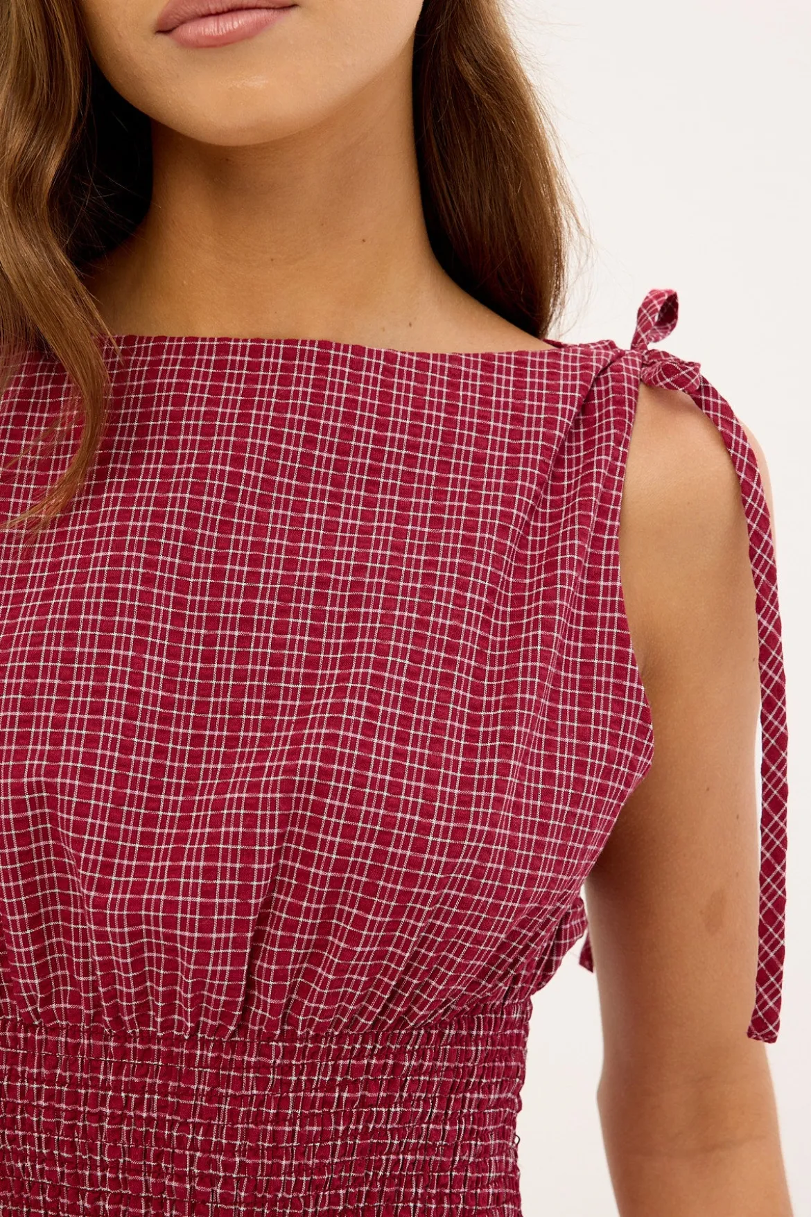 Andie Ruched Tie Top Burgundy Check