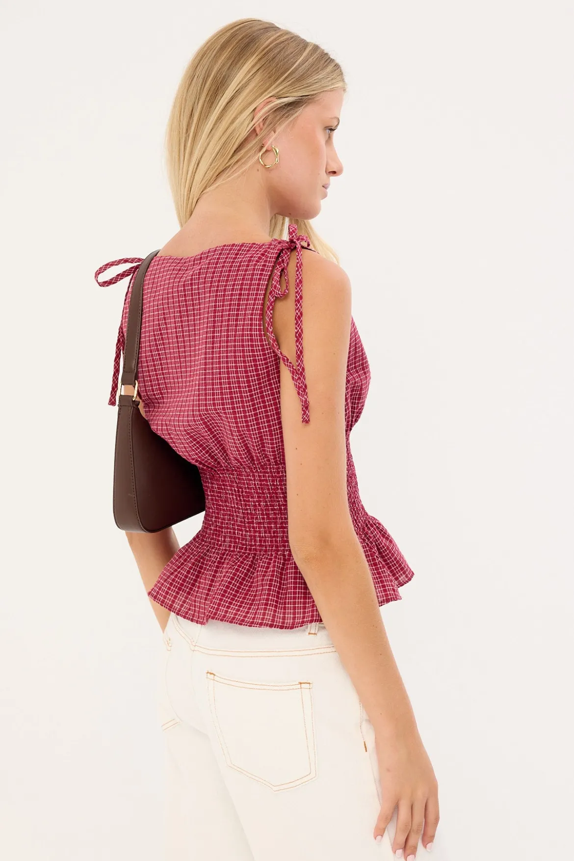 Andie Ruched Tie Top Burgundy Check