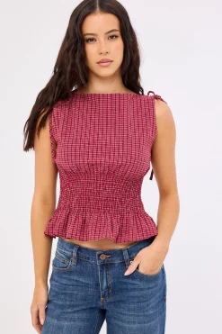 Andie Ruched Tie Top Burgundy Check