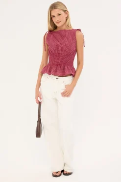Andie Ruched Tie Top Burgundy Check