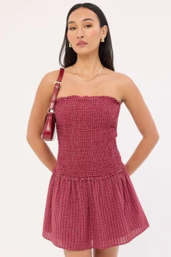Andie Shirred Mini Dress Burgundy Check