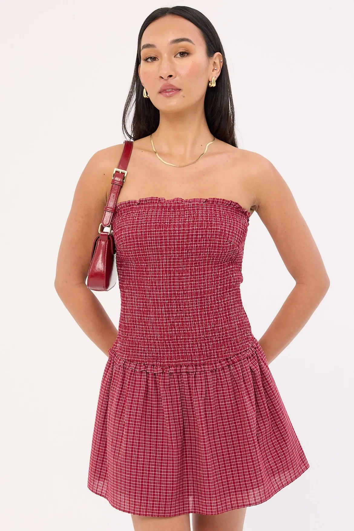 Andie Shirred Mini Dress Burgundy Check