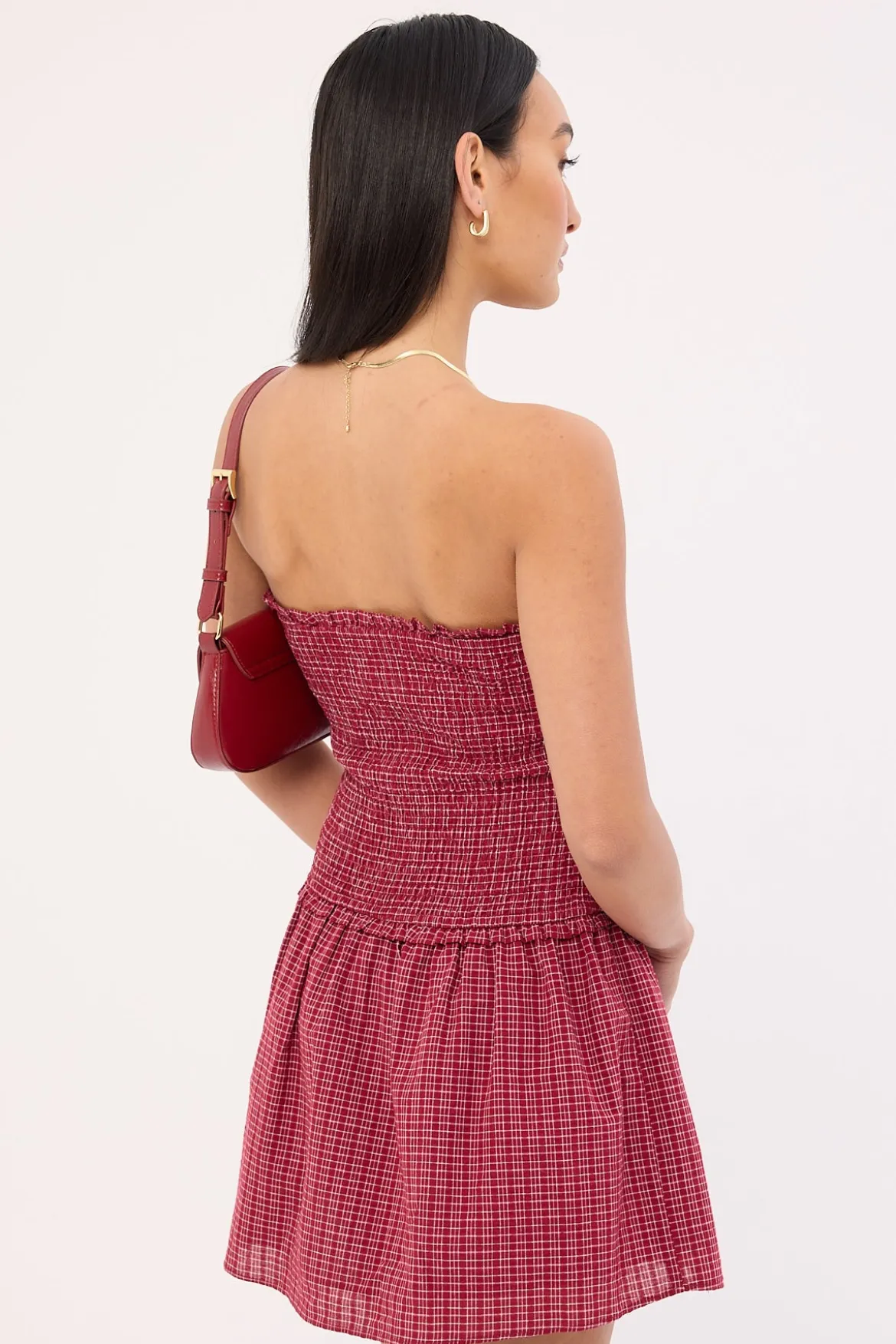 Andie Shirred Mini Dress Burgundy Check