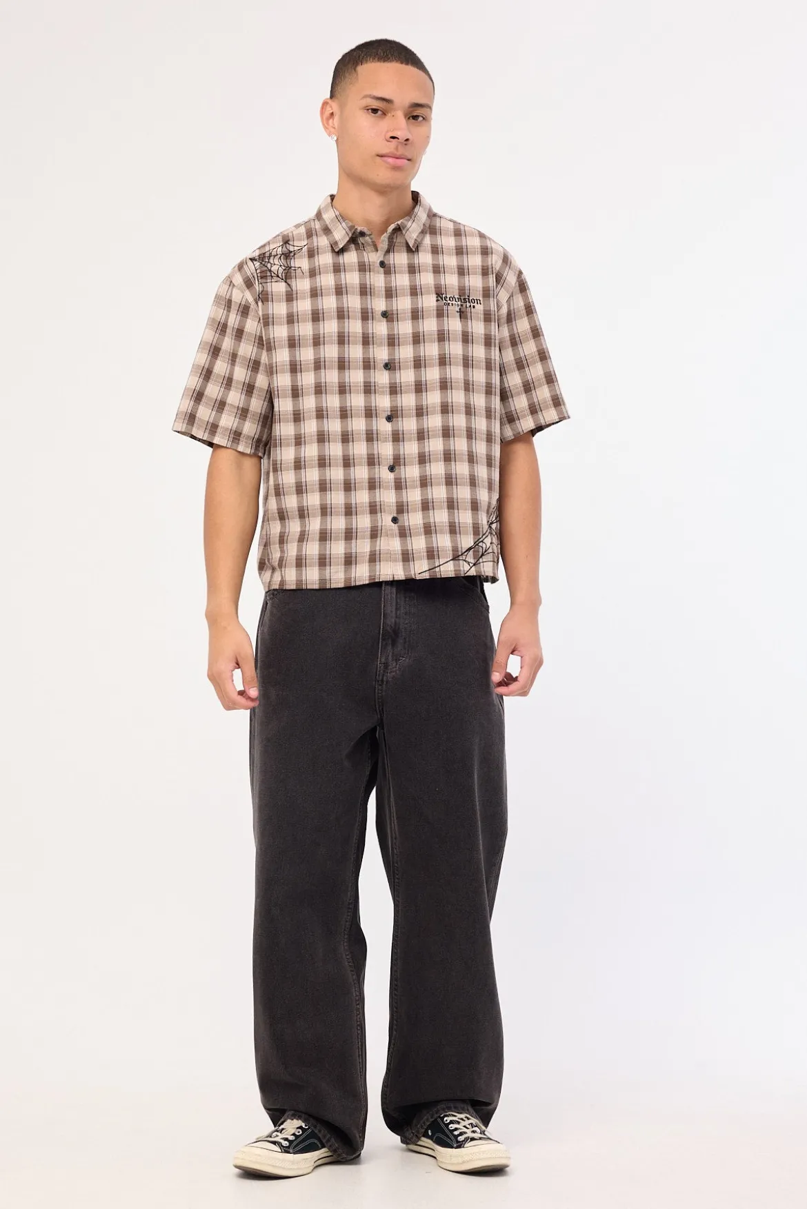 Arachnid Oversize Cropped Shirt Brown/Taupe Check