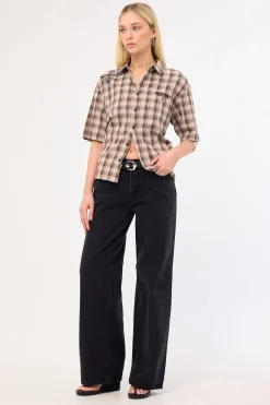 Arachnid Oversize Cropped Shirt Brown/Taupe Check