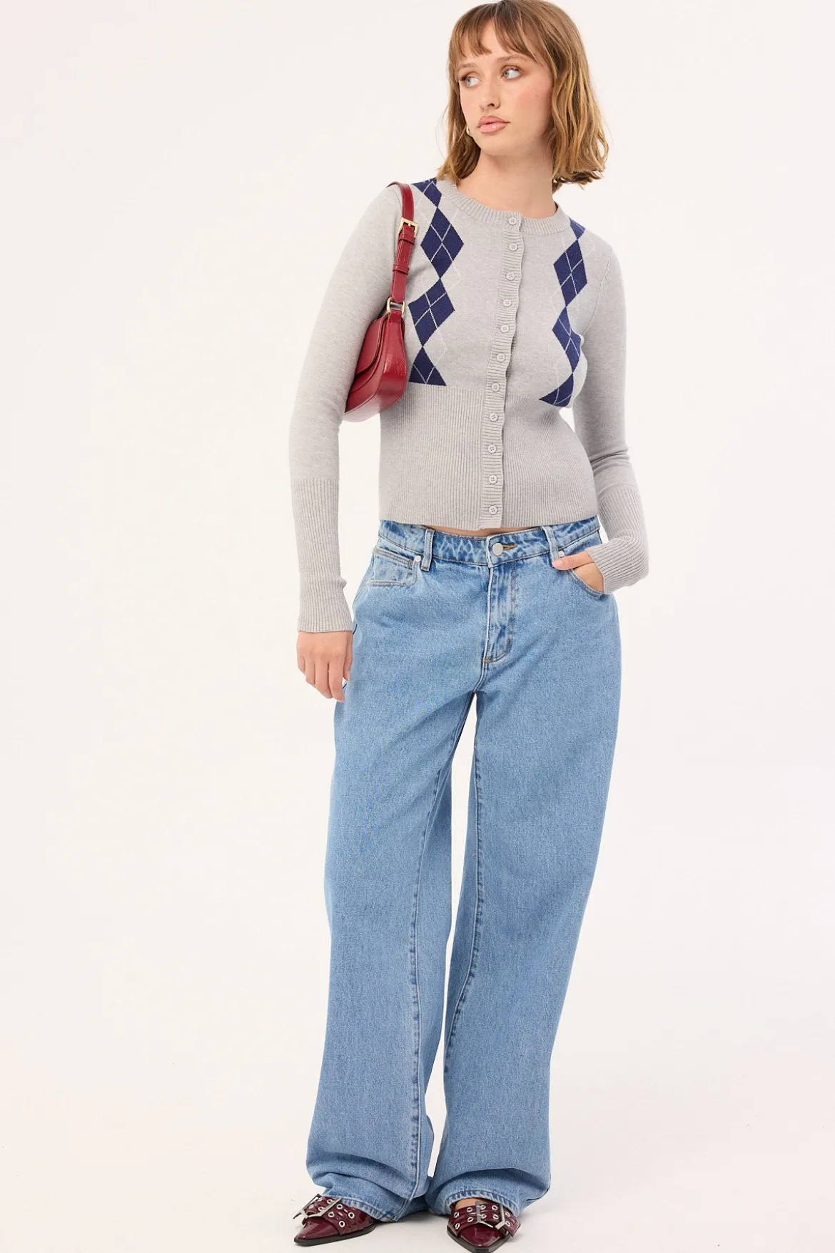 Argyle Knit Cardigan Grey Argyle