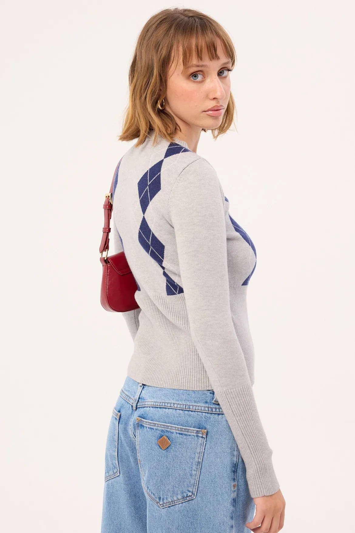 Argyle Knit Cardigan Grey Argyle
