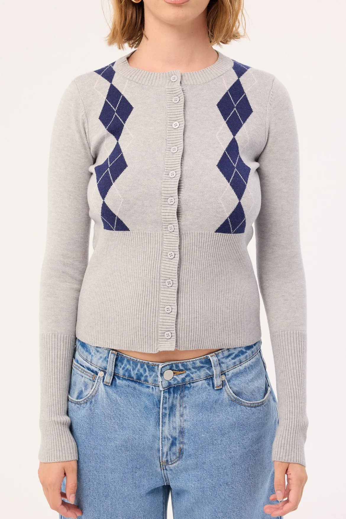 Argyle Knit Cardigan Grey Argyle