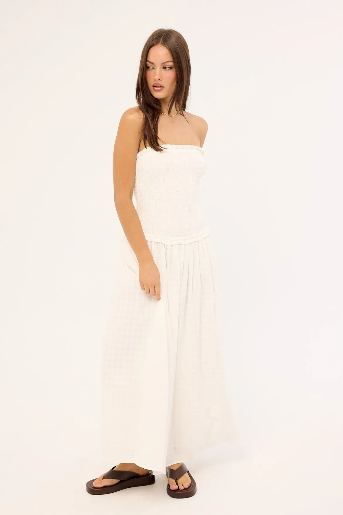 Ashton Shirred Midi Dress White
