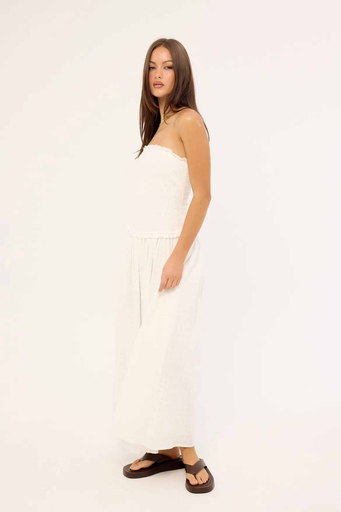 Ashton Shirred Midi Dress White