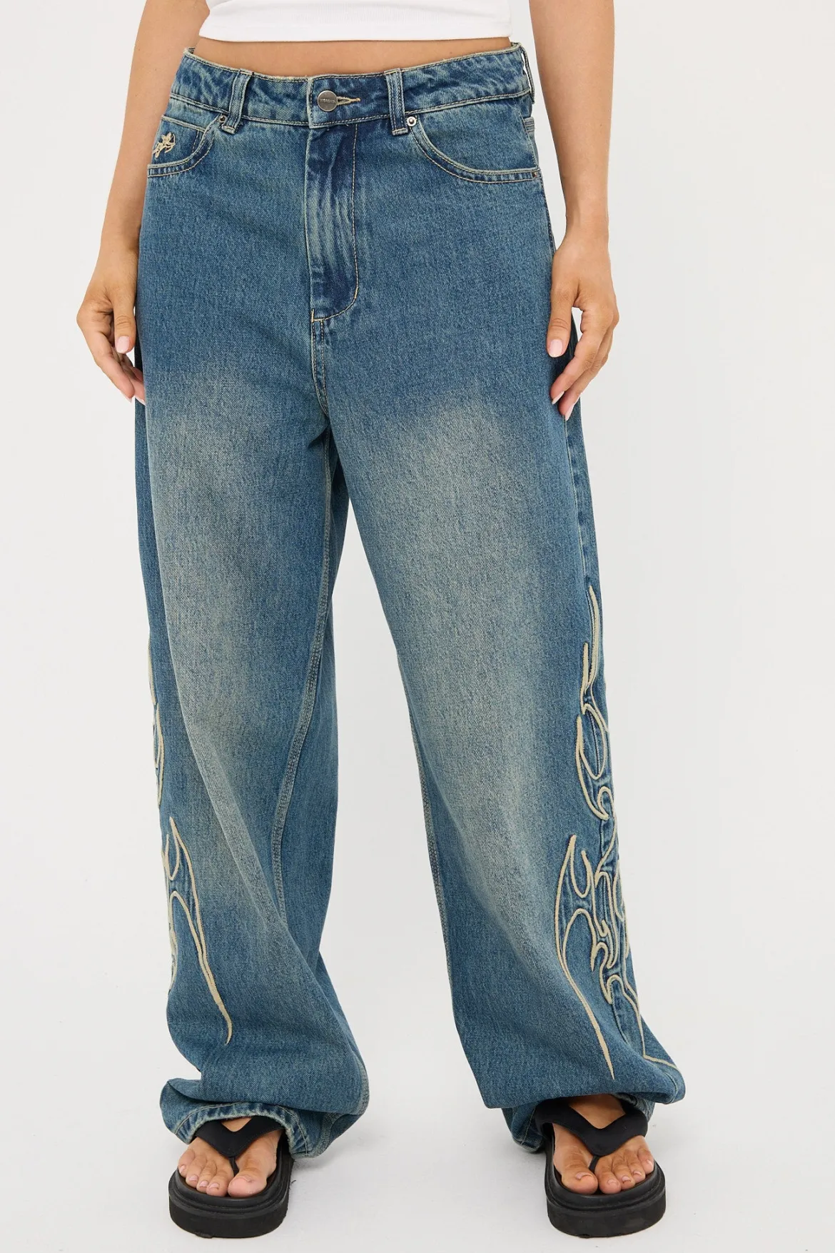 At Peace Big Baggy Jean Dirty Mid Blue