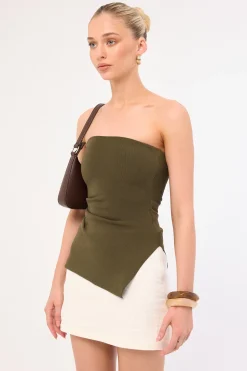 Athena Strapless Knit Top Khaki