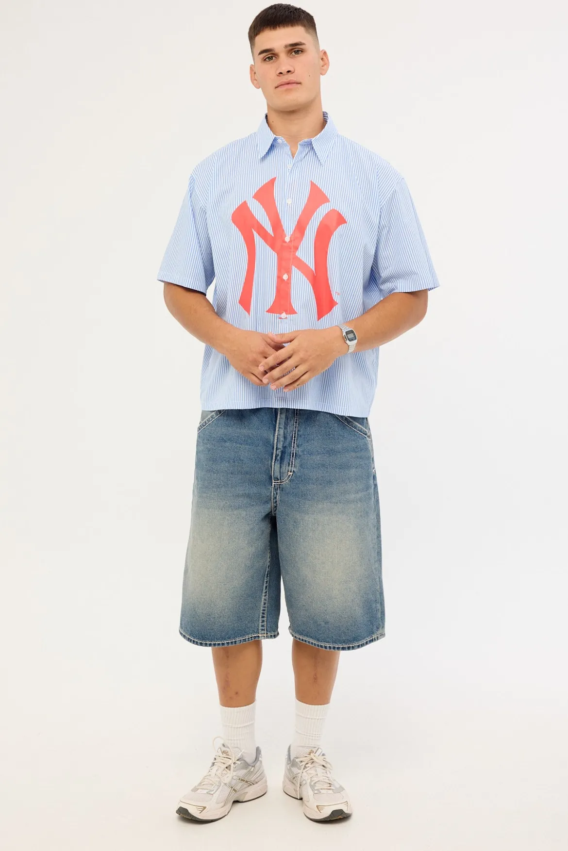 Athletic NY Yankees Graphic Boxy Crop Stripe Shirt Blue