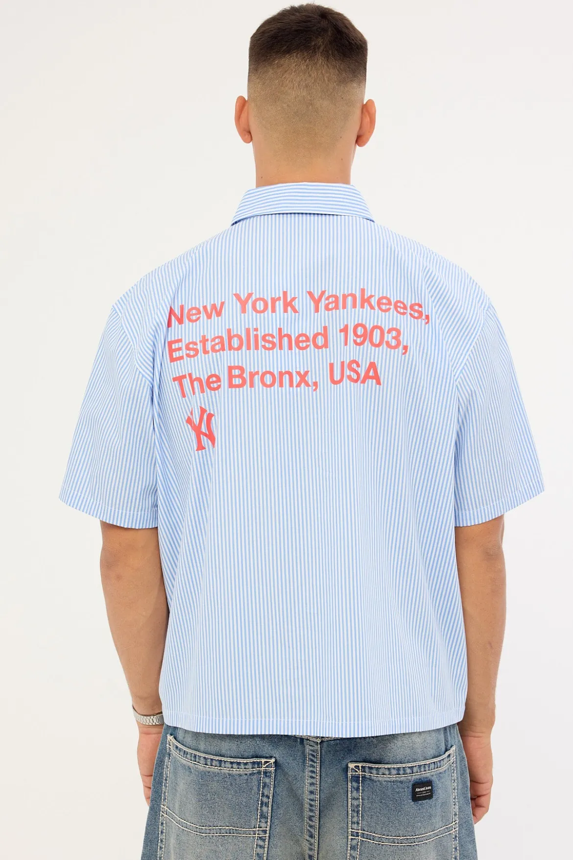 Athletic NY Yankees Graphic Boxy Crop Stripe Shirt Blue