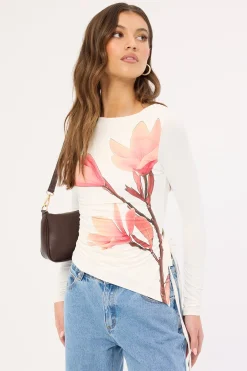 August Asymmetrical Long Sleeve Top White Print
