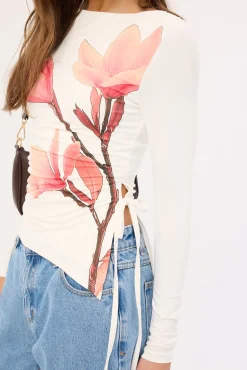 August Asymmetrical Long Sleeve Top White Print