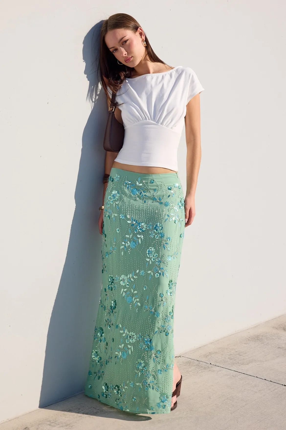Avenia Sequin Maxi Skirt Teal
