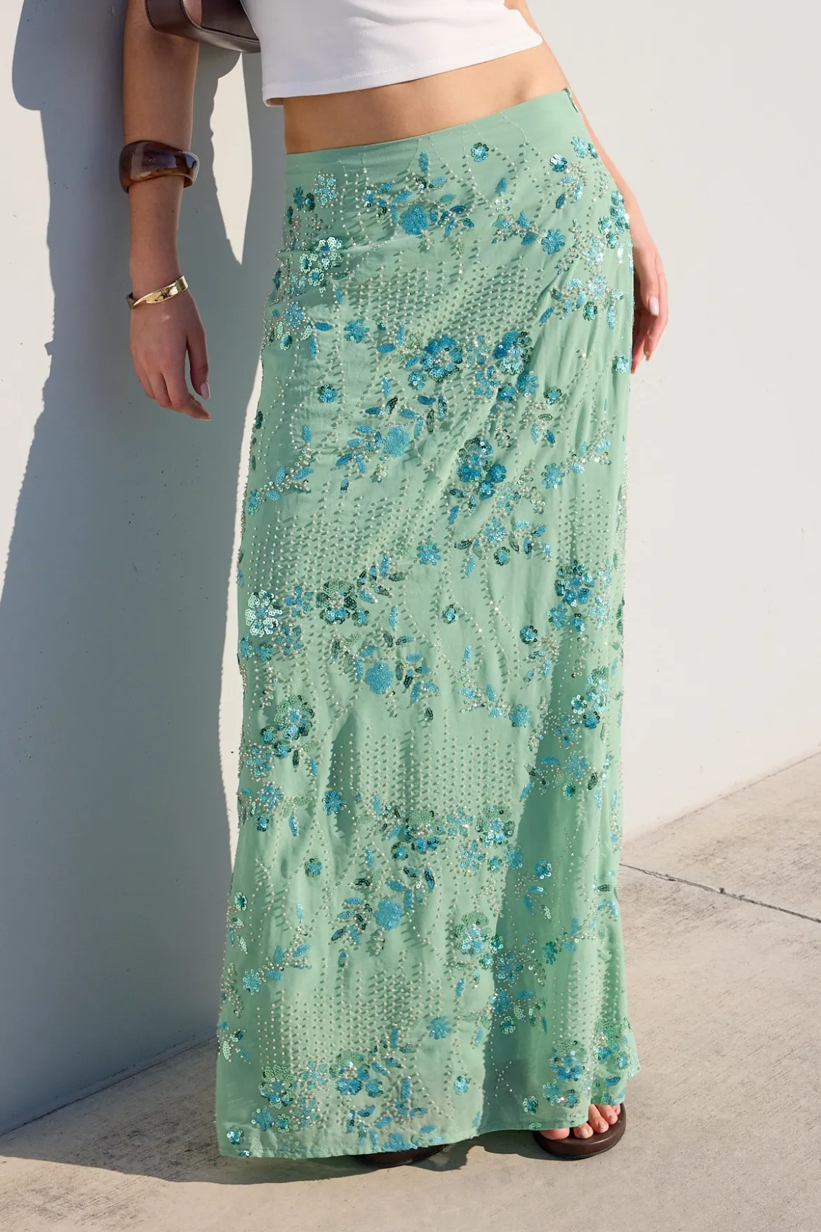 Avenia Sequin Maxi Skirt Teal