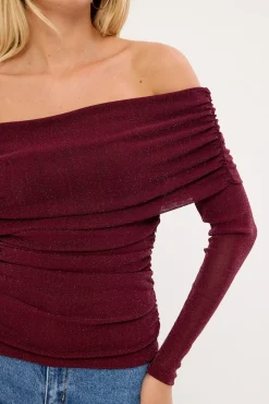 Bella Off Shoulder Long Sleeve Top Burgundy