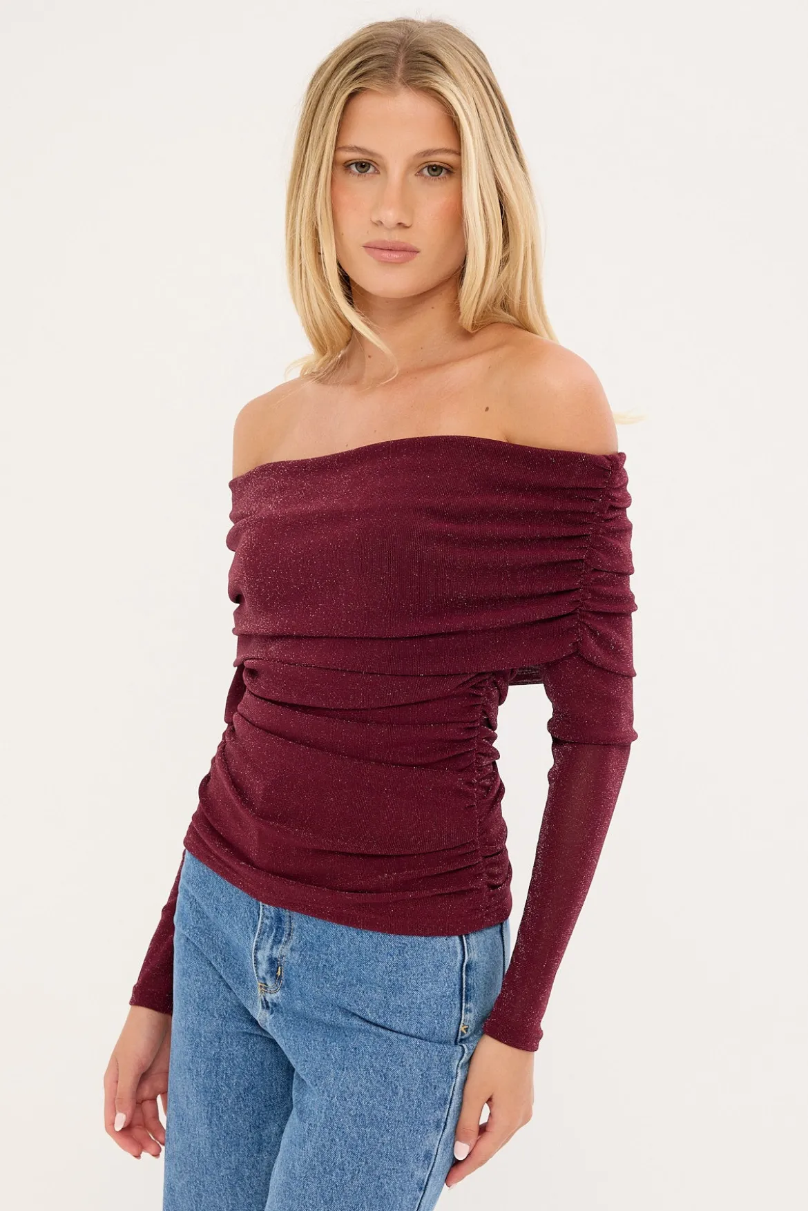 Bella Off Shoulder Long Sleeve Top Burgundy