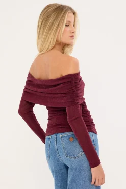 Bella Off Shoulder Long Sleeve Top Burgundy