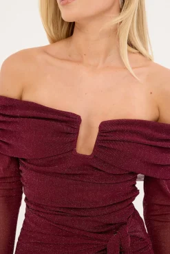 Bella Off Shoulder Long Sleeve Mini Dress Burgundy