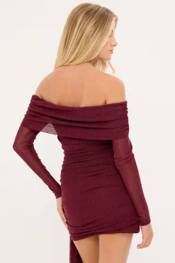 Bella Off Shoulder Long Sleeve Mini Dress Burgundy