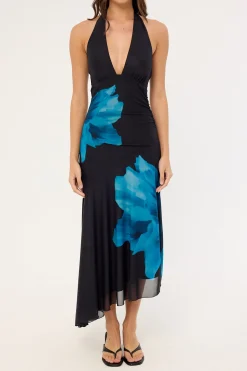 Belle Halter Midi Dress Blue Print