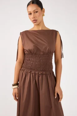 Bello Shirred Boat Neck Maxi Dress Brown