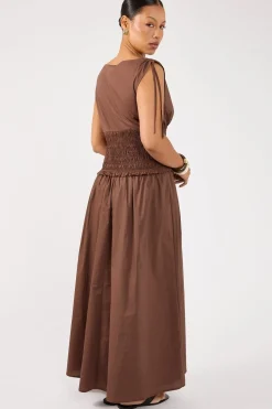 Bello Shirred Boat Neck Maxi Dress Brown