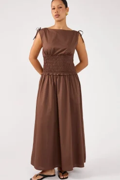 Bello Shirred Boat Neck Maxi Dress Brown