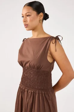 Bello Shirred Boat Neck Maxi Dress Brown