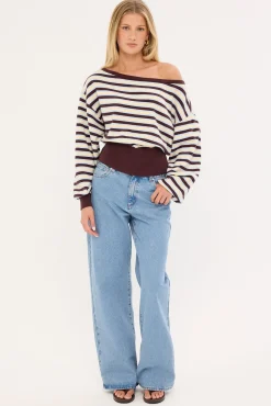 Blanca Stripe Off Shoulder Scarf Knit Brown Stripe