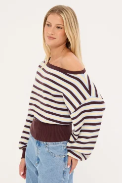 Blanca Stripe Off Shoulder Scarf Knit Brown Stripe
