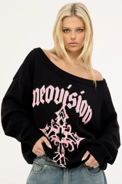 Blessed Off Shoulder Intarsia Knit Jumper Black