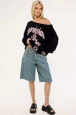 Blessed Off Shoulder Intarsia Knit Jumper Black