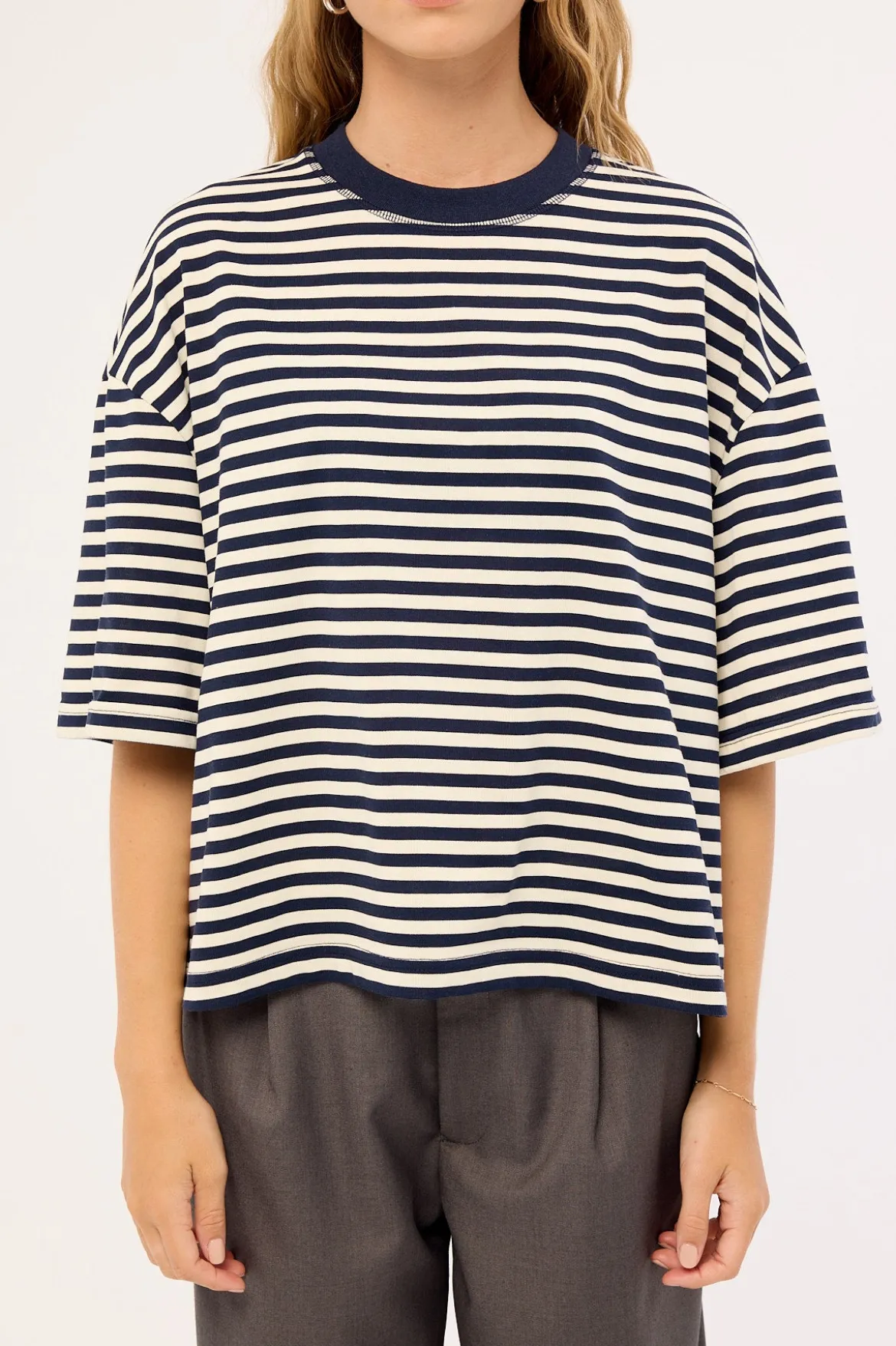 Bloom Short Sleeve White Navy Stripe