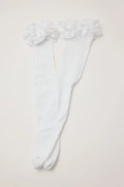 Boudoir Ruffle Trim Knee High Socks White