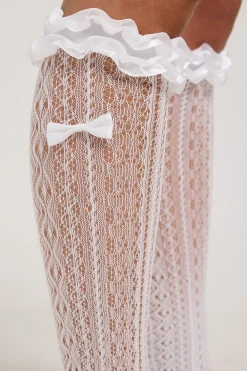 Boudoir Ruffle Trim Knee High Socks White